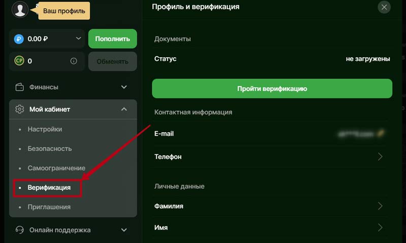 Меню профиля